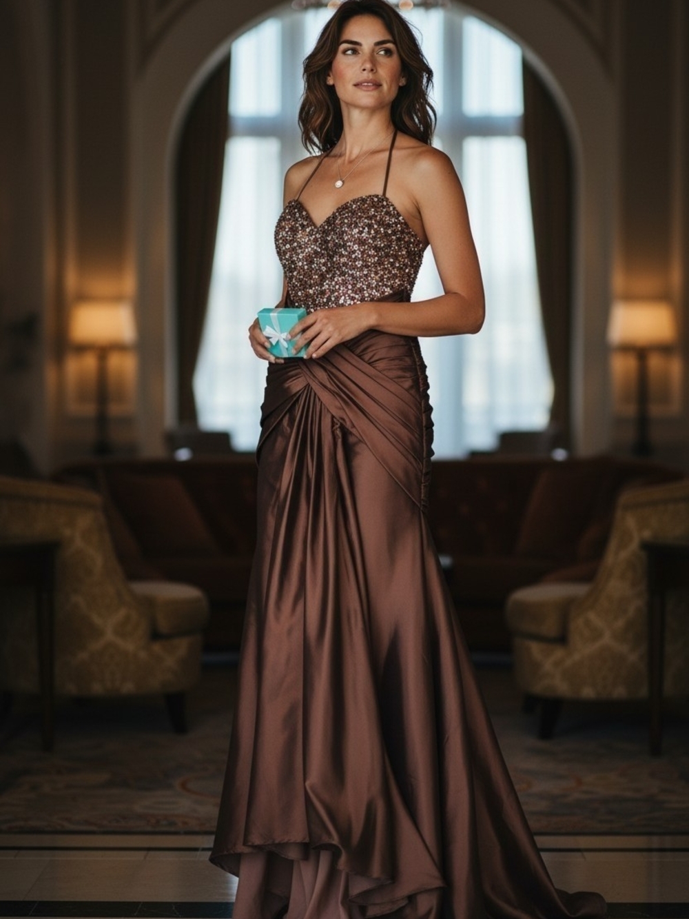 Tiffany & Co. Brown Sequin Bodice Satin Gown